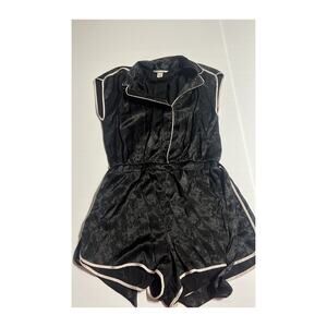 Victoria's Secret Black Satin Button Front Romper Sleepwear Logo
